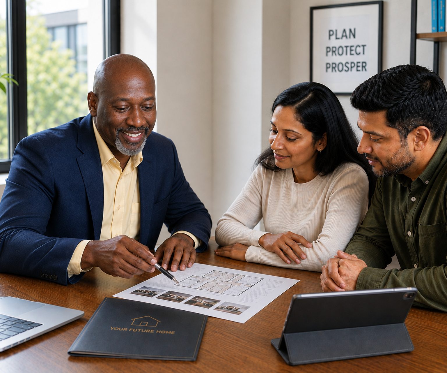 Independent insurance advisor reviewing plan options with a couple at a conference table
